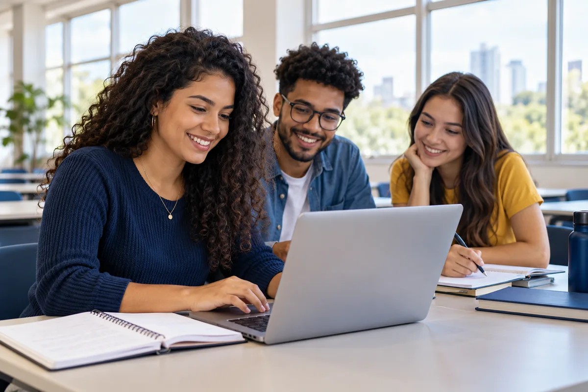 Imagem ilustrativa de jovens adultos estudando juntos com um computador em uma sala de aula